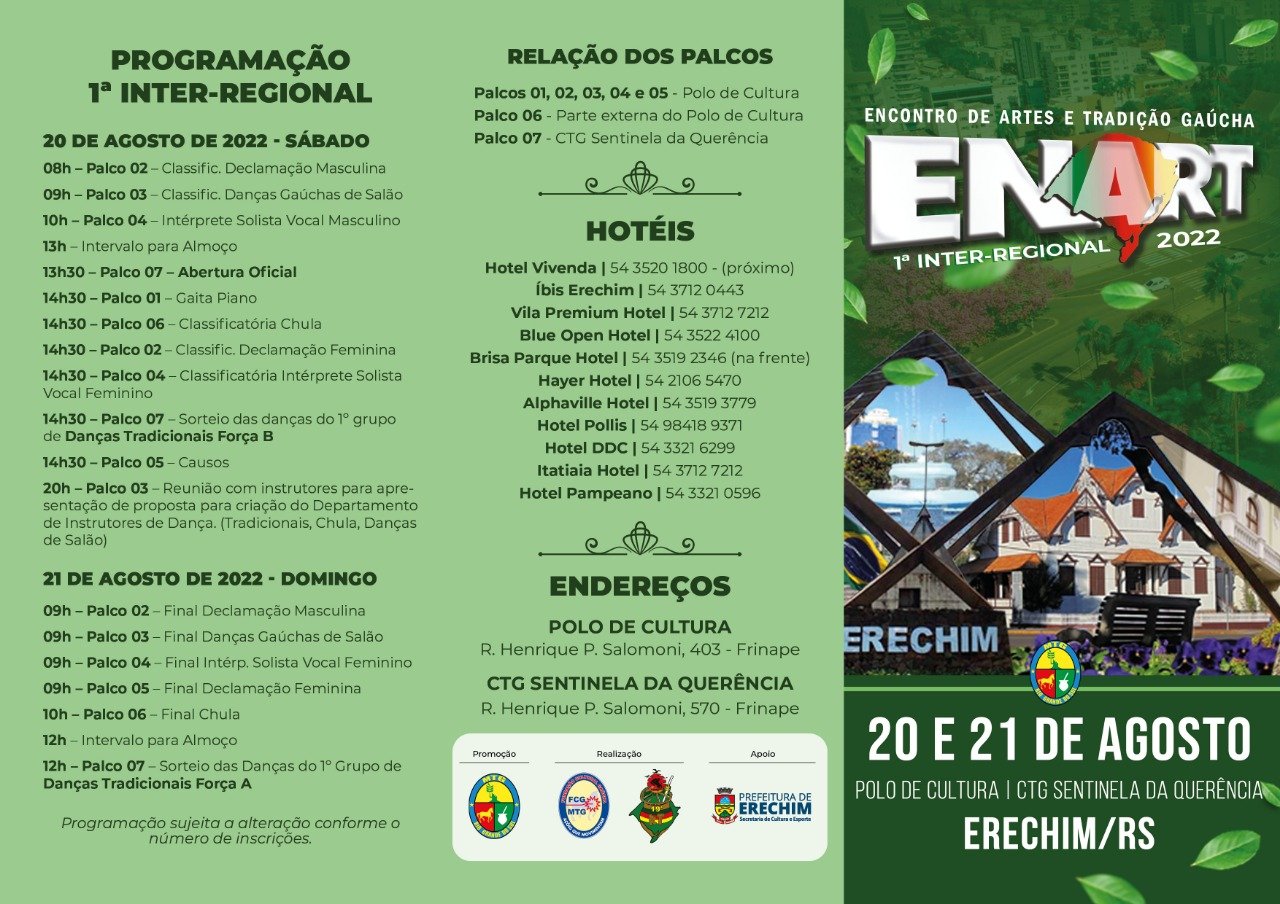 Programação da 1ª Inter-regional do Enart - Erechim, 20 e 21de agosto